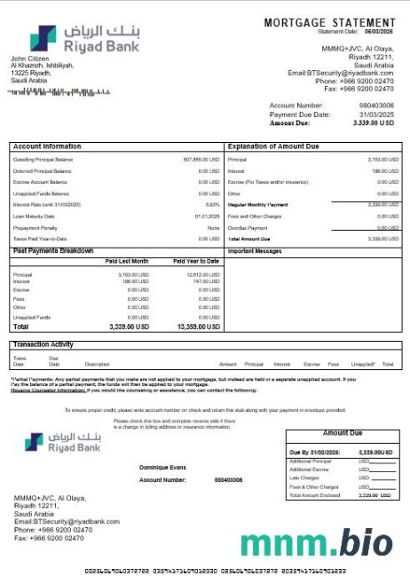 Arabia Saudyjska Riyad Bank wyciąg z kredytu hipotecznego w formatach Word i PDF